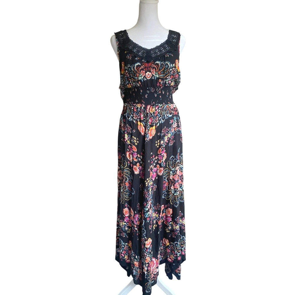Floral Smocked Handkerchief Hem Black Maxi Dress Large Whimsigoth Boho Festival